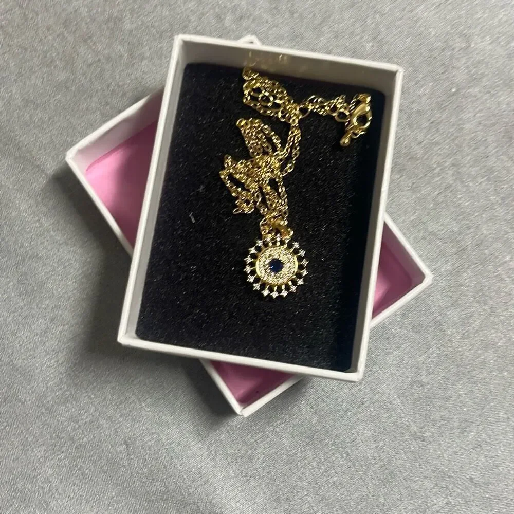 Evil Eye Gold Blue Bling Sunburst Adjustable Fashion‎ Necklace NEW